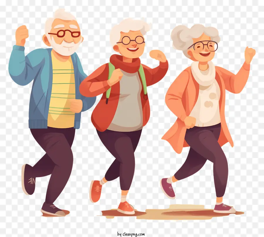 ältere Wandergruppe Walker Regenschirm lächelnd ältere Menschen gute Geister - Ältere Gruppe, die glücklich mit Regenschirm und Walker geht