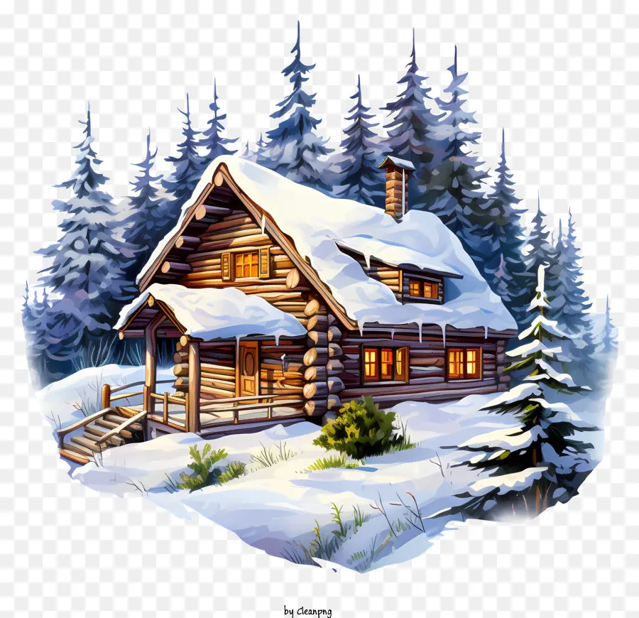 log cabin winter snow trees porch