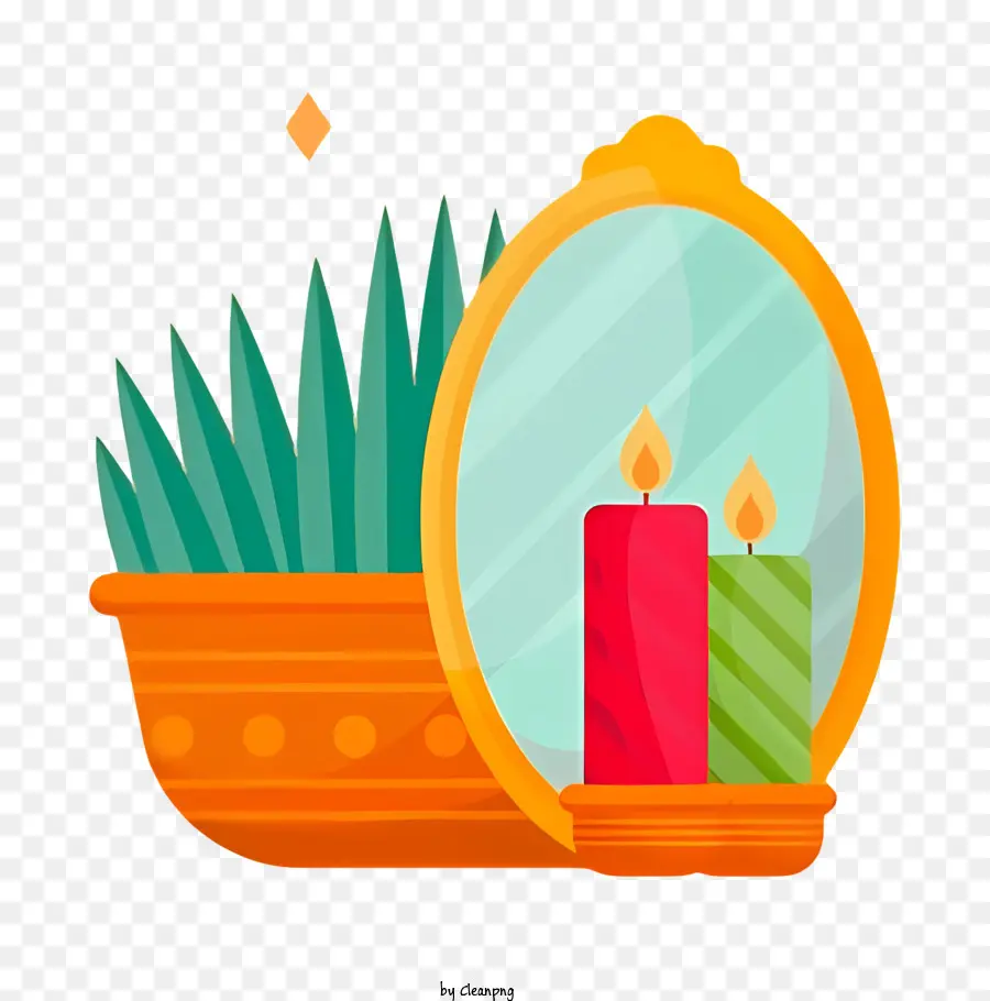 kleiner runder Spiegel rot Kerzengrüner Pflanzenreflexionstisch - Spiegel reflektiert Kerze, Pflanze; 
schwarzer Hintergrund, linke Beleuchtung