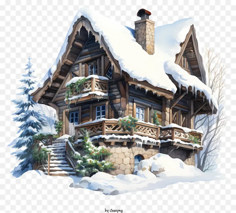 paesaggio invernale - Cottage in legno in paesaggio innevato con scala