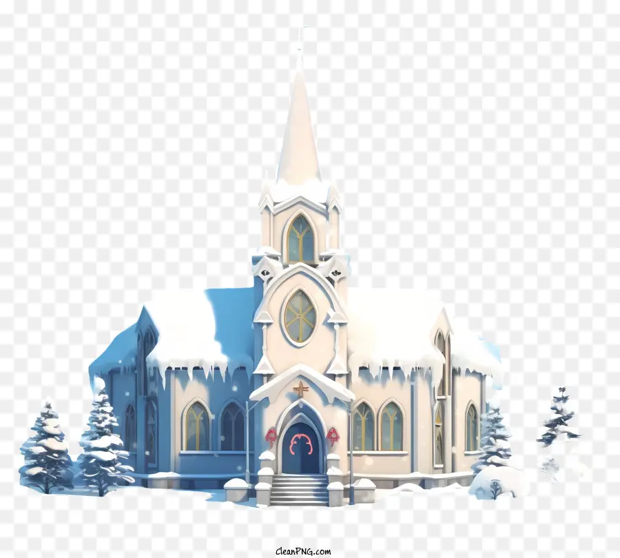 winter Landschaft - Kirche in der schneebedeckten Landschaft, umgeben von Bäumen