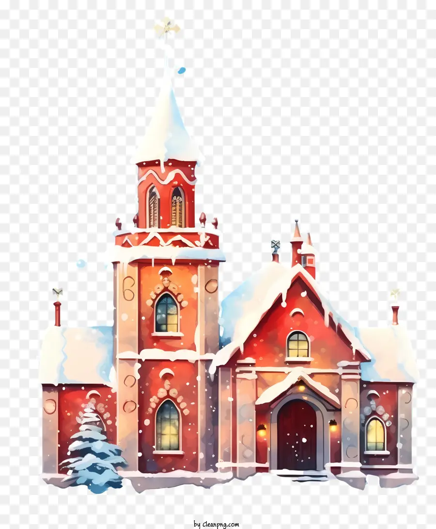 red brick church steeple with bell snowflakes falling large windows snowflakes on windows