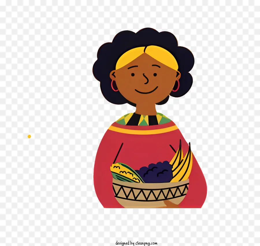 donna abito rosso e giallo cesto di frutta espressione felice sfondo nero - La donna che indossa un abito colorato contiene cesto di frutta