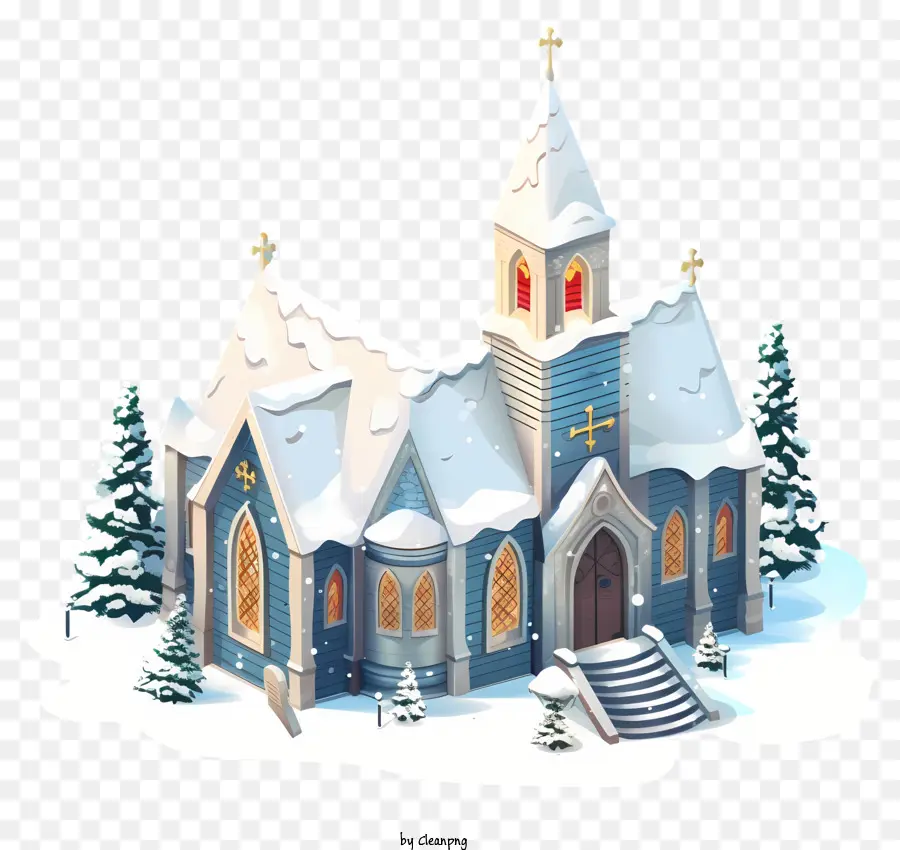 Finestre per l'architettura in mattoni in croce di costruzione di chiesa - Edificio in neve innevato con alta campanile