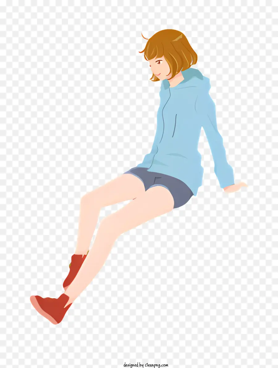 scarpe rosse con cappuccio blu con cappuccio blu fumetti seduti sul pavimento a guardare in basso - Cartoon Girl in Blue Hoodie, scarpe rosse