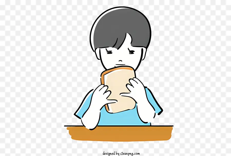 Holztisch - Cartoon -Person, die Brot mit geschlossenen Augen isst