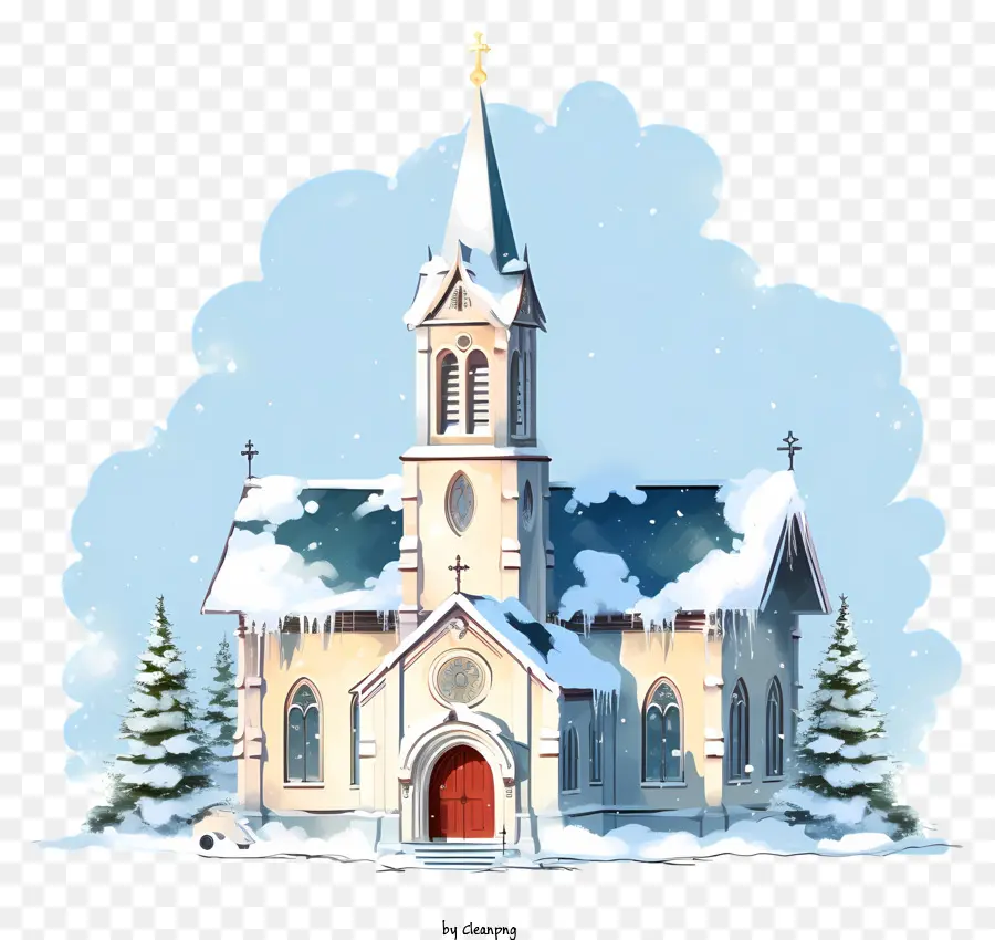 Nhà thờ Snowy Rockscape Bell Tower Spire Vintage - Nhà thờ tuyết trong phong cảnh thanh bình, cảm giác cổ điển