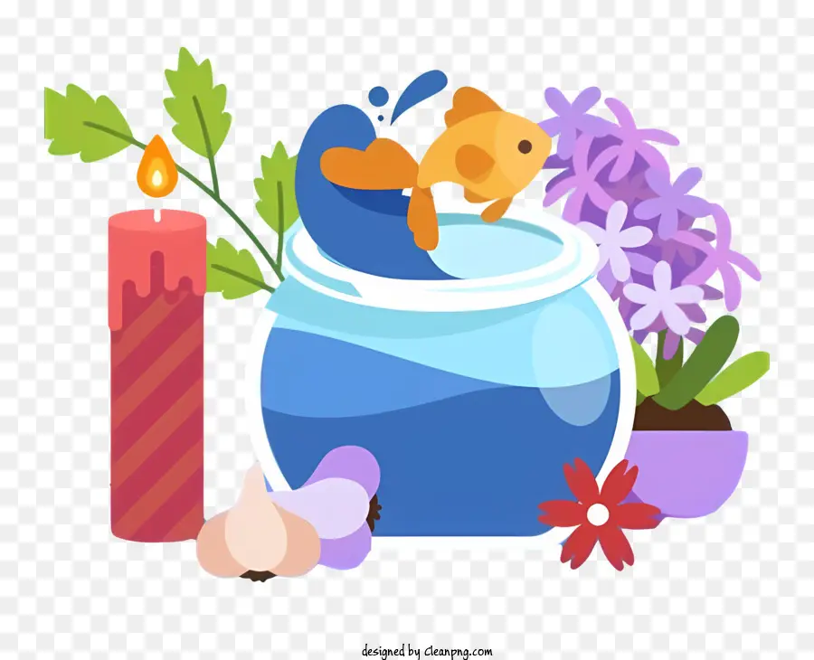 fish in bowl candle burning flowers fairy tale scene floral items
