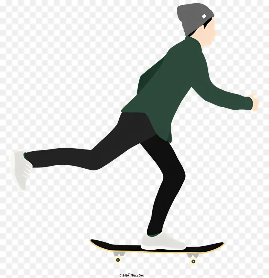 skateboarding cartoon green hat beige jacket black shoes