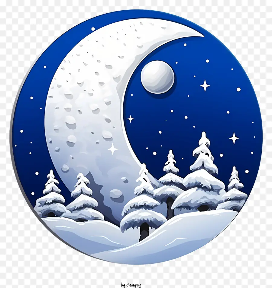 mặt trăng lưỡi liềm - Khung cảnh mùa đông với cây, tuyết, mặt trăng và các vì sao