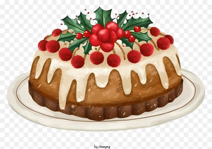Obstkuchen weiße Zuckerguss rote und grüne Dekorationen runder Form weißer Teller - Festlicher Obstkuchen mit weißem Zuckerguss und Dekorationen