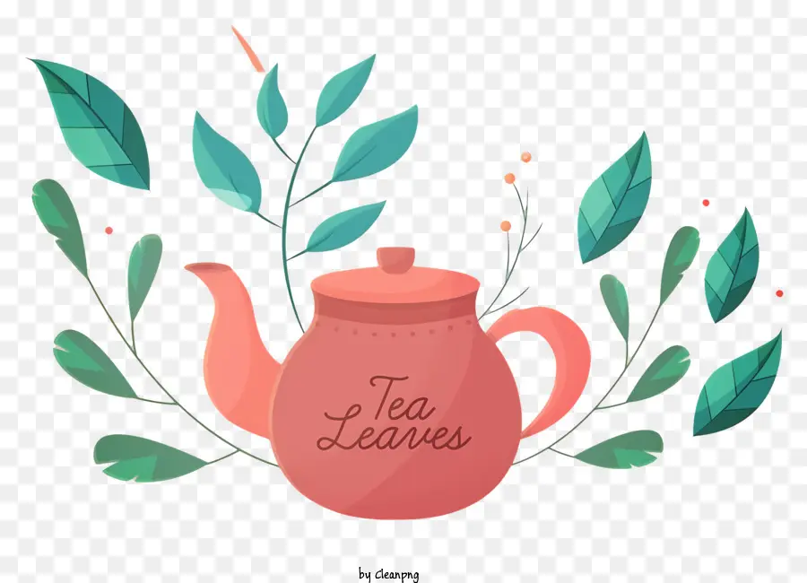 teapot pink clay green leaves white teapot lid tea leaves