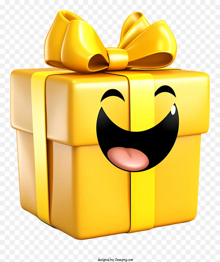 Geschenkbox - Lächelnde gelbe Geschenkbox mit Papier und goldener Bug