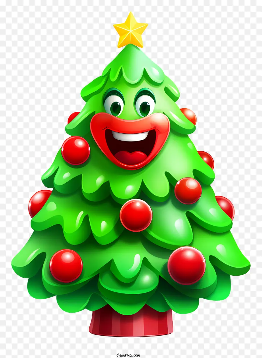Weihnachten Baum, Cartoon - Cartoon Weihnachtsbaum mit roten Ornamenten und Lächeln