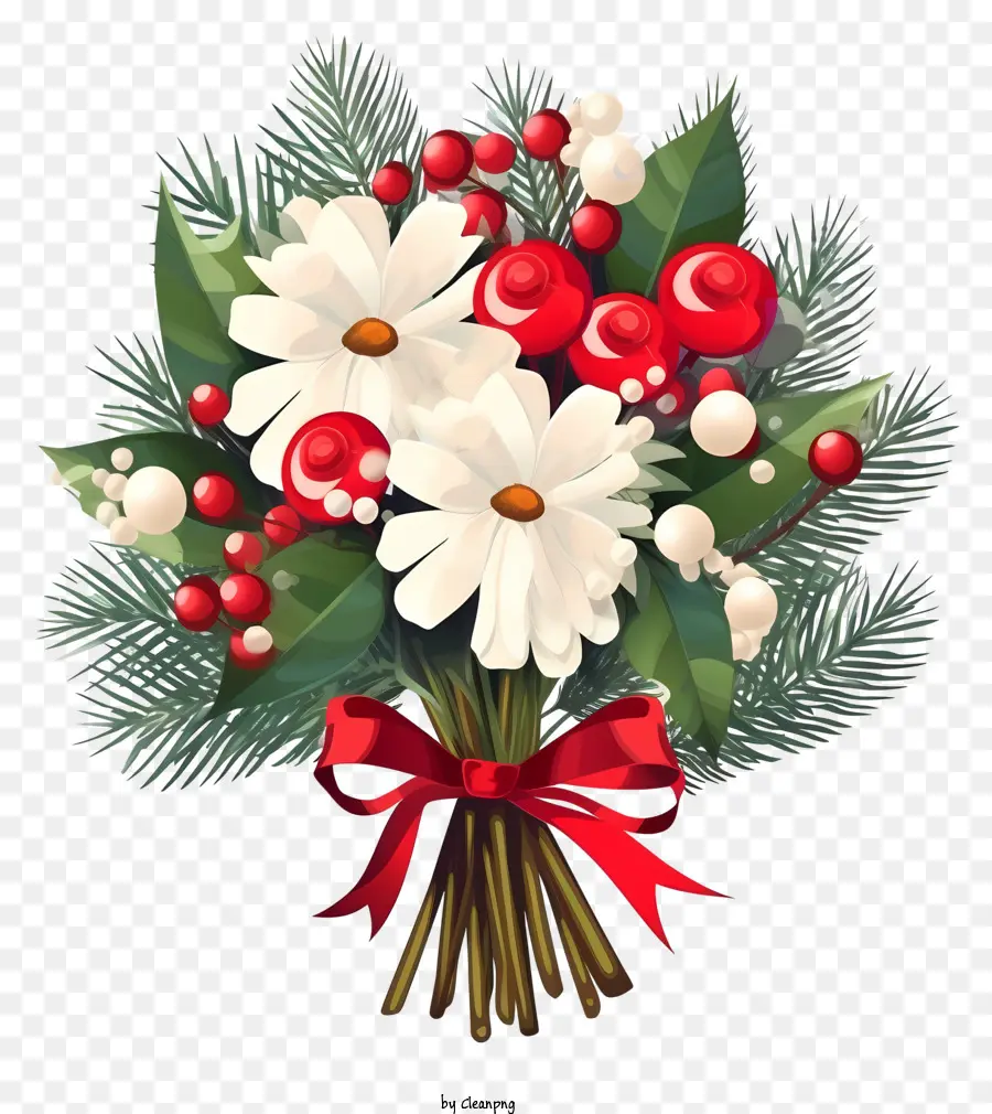 bouquet white flowers red flowers berries pine cones