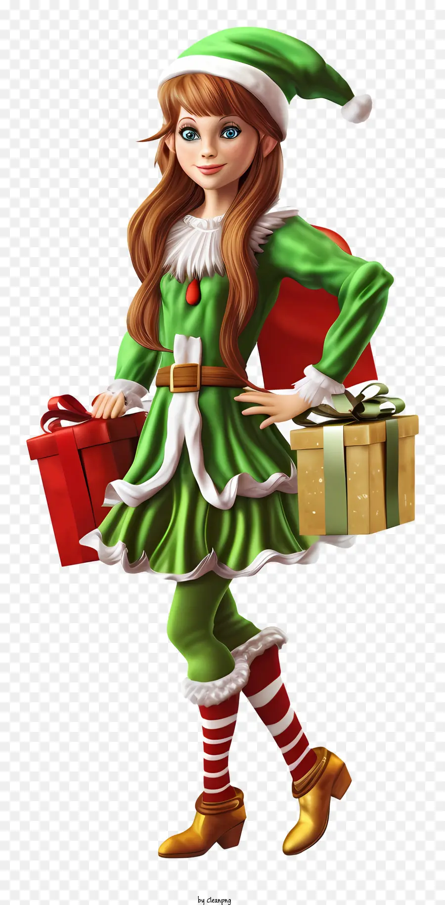 hộp quà - Cô gái cười mặc trang phục màu xanh lá cây và đỏ