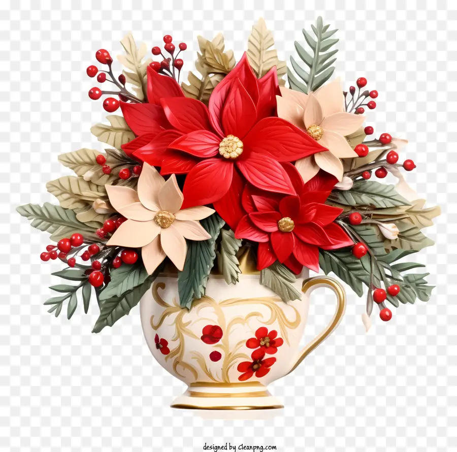 Blumenvase - Weiße und rote Vase mit Blumen und Beeren