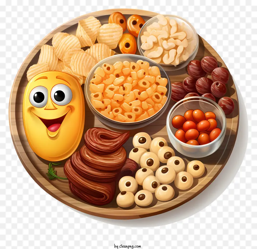Holzschalen Snacks Nüsse getrocknete Früchte Süßigkeiten - Holzschale mit Snacks, lächelndes Bild Herzstück