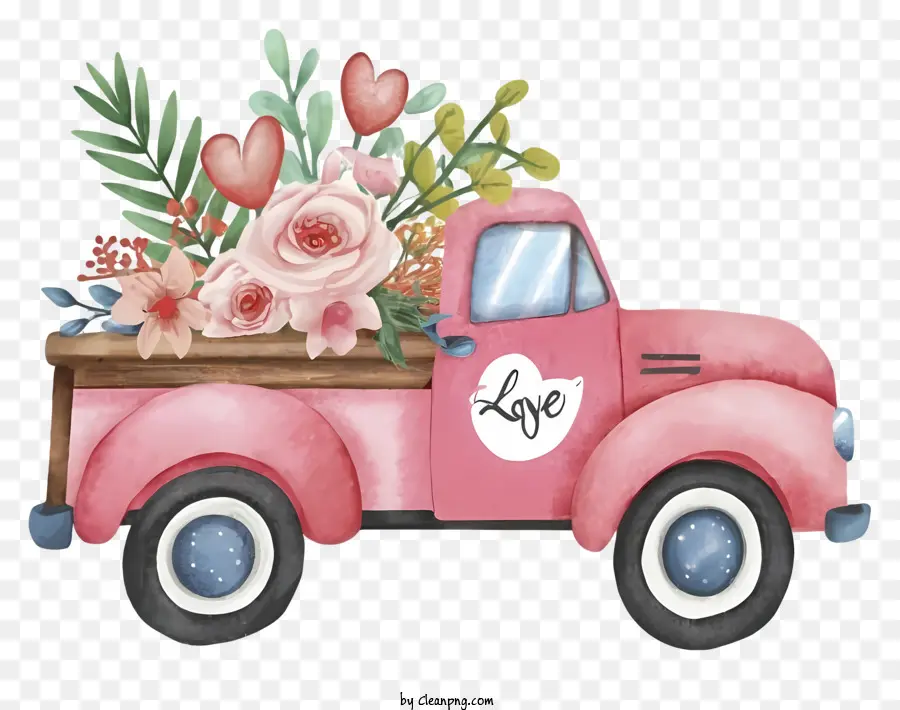 Cartoon Pink Truck Flowers Cuore Gesto romantico - Illustrazione del camion rosa con fiori e cuore