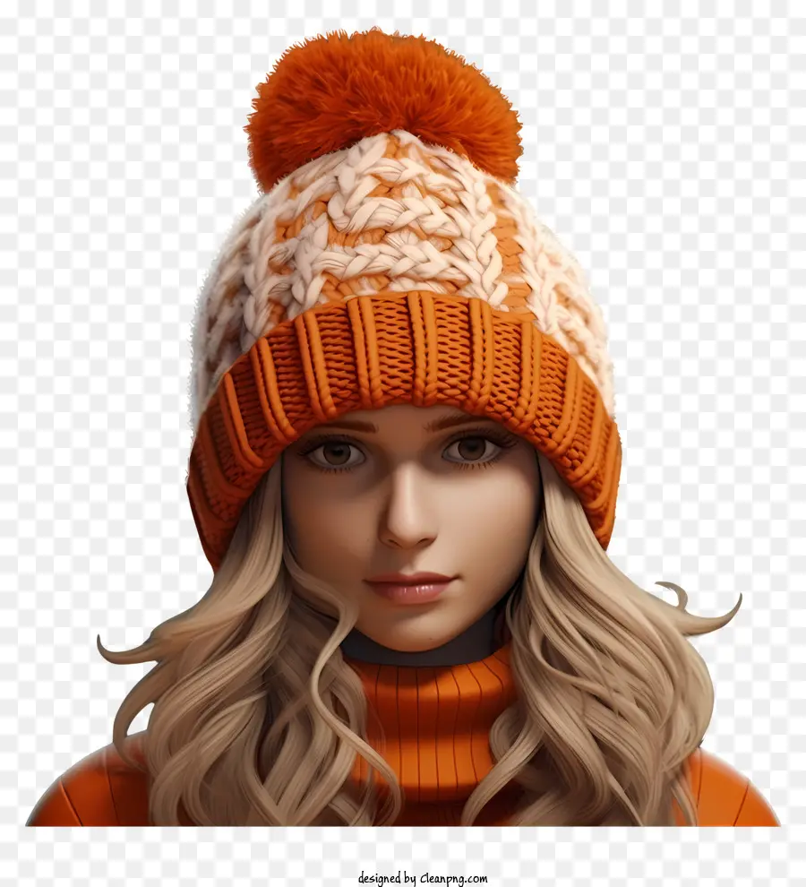 woman long blonde hair knitted hat pom pom orange sweater