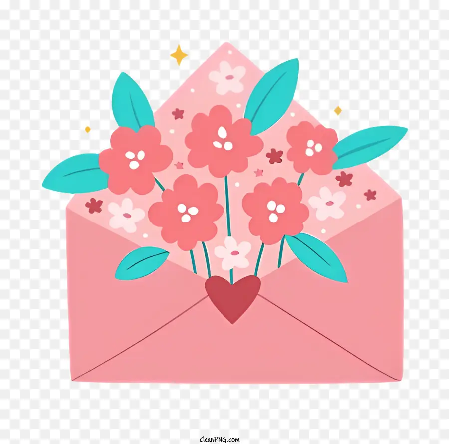 Valentine Pink Hüllblumen Blumen Herzförmiges Etikett rosa und grüne Blüten - Heller, farbenfroher Umschlag mit rosa Blumen und Herz