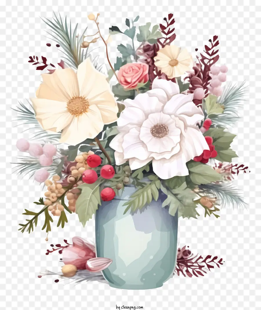 painting of vase flowers on black background white and light pink flowers bunches and loose arrangement pinecones and berries