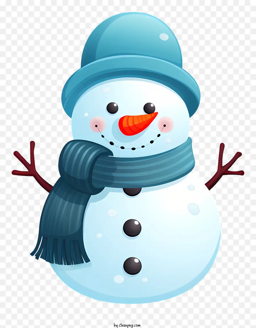 Schneemann - Freundlicher Schneemann mit blauem Zubehör auf schwarzem Hintergrund