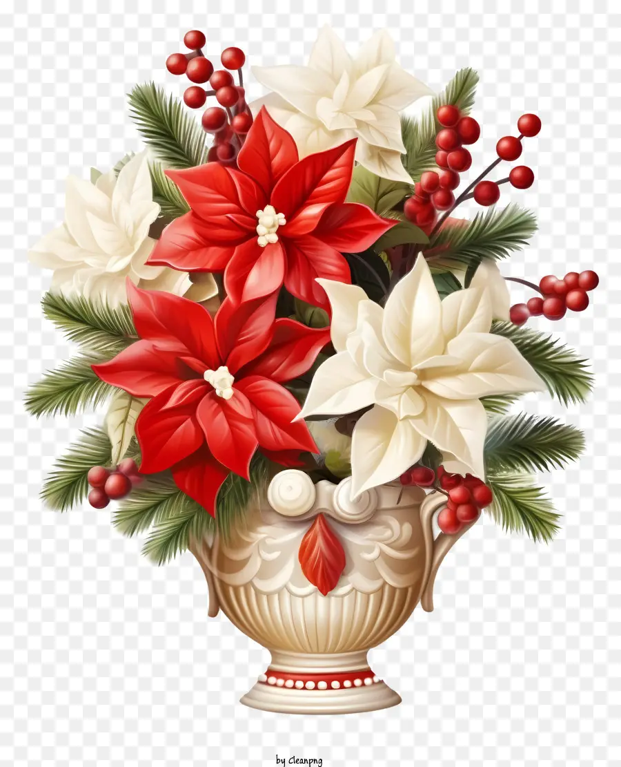 Vase di Poinsettia rosso e bianco Vase Classic Style a tema vacanza Black Sfondo - Vaso di stelle di stelle rosso e bianco a tema festivo