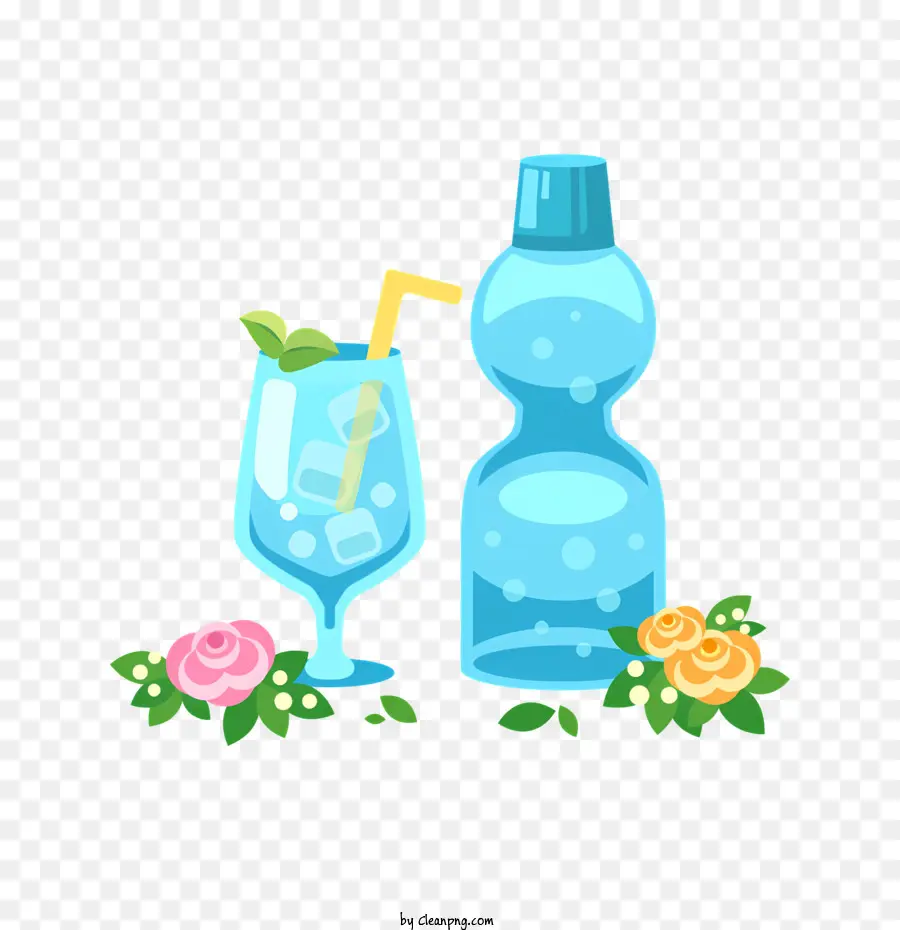 bevi acqua di vetro sfondo scuro fiori - Bicchiere con bevanda e acqua circondata da fiori