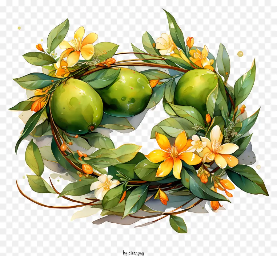 Foglie verdi della corona Fiori di mele verdi Giallo - Riepilogo: ghirlanda con foglie verdi, fiori e mele