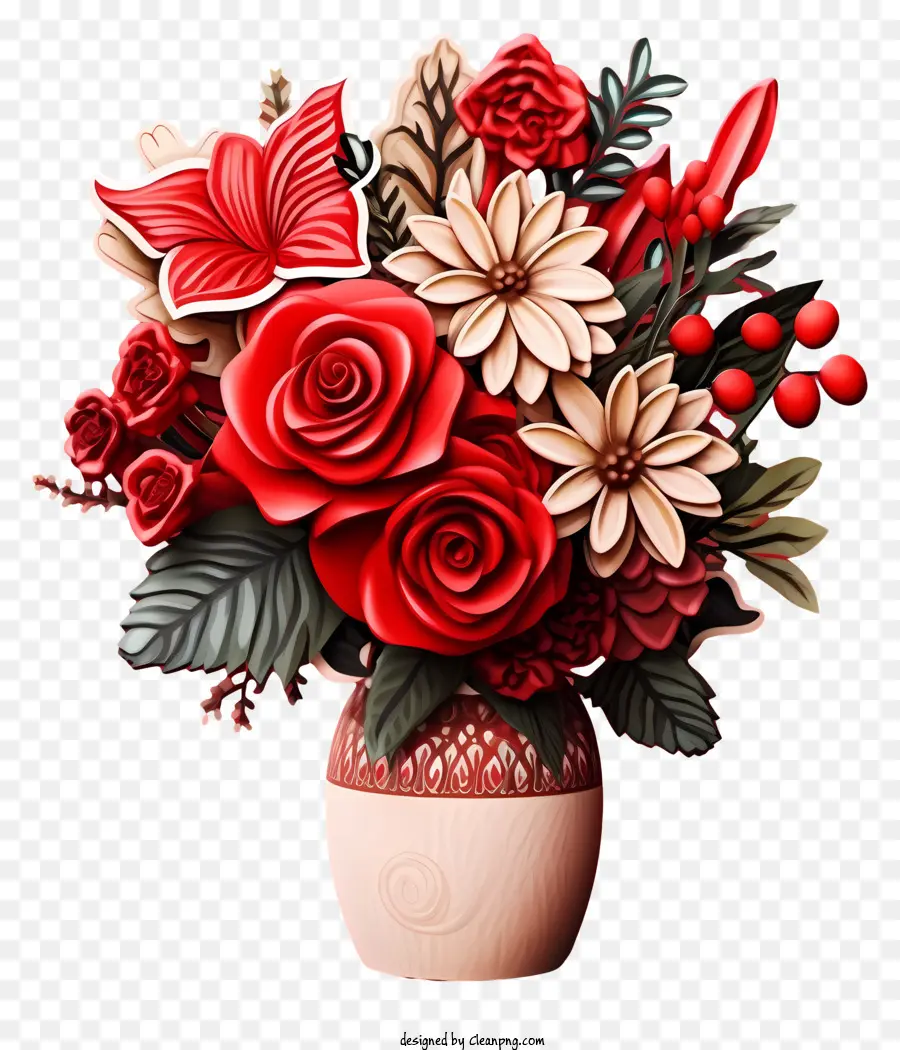Blumenschmuck - Rote Blumenvase mit Schmetterling; 
schwarzer Hintergrund