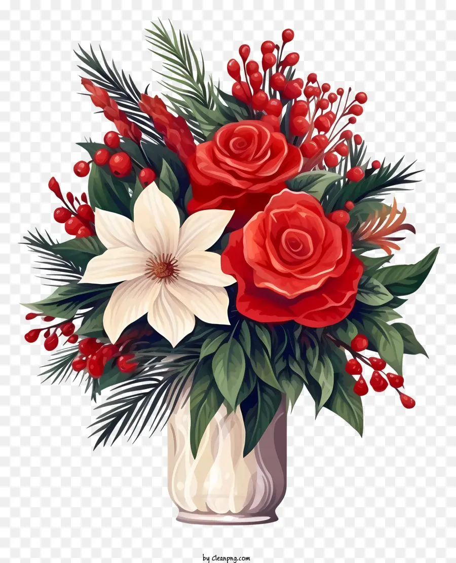 Rote Rosen - Vase hält rote Rosen, Weihnachtsstern und Holly
