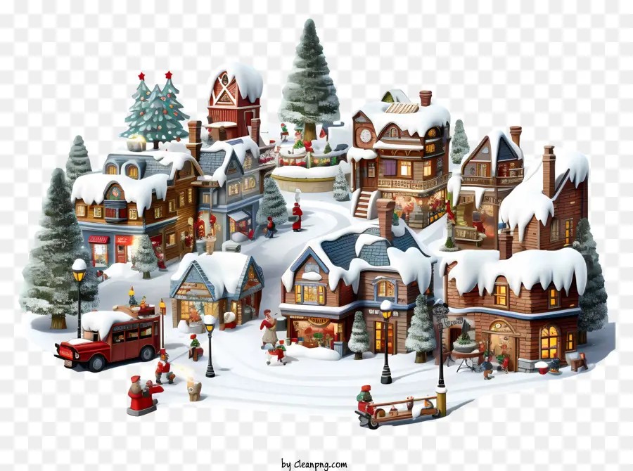 winter village snowy trees houses with chimneys red roofs people in warm clothes