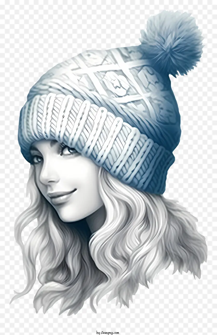 woman long blonde hair white knit hat blue pompom smiling