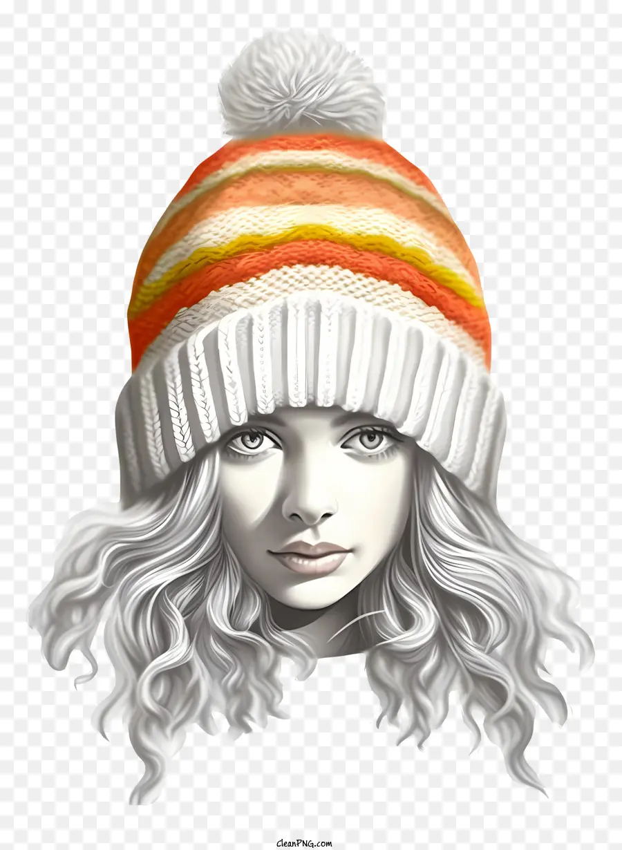 girl white wavy hair white wool hat orange and yellow stripes pompom