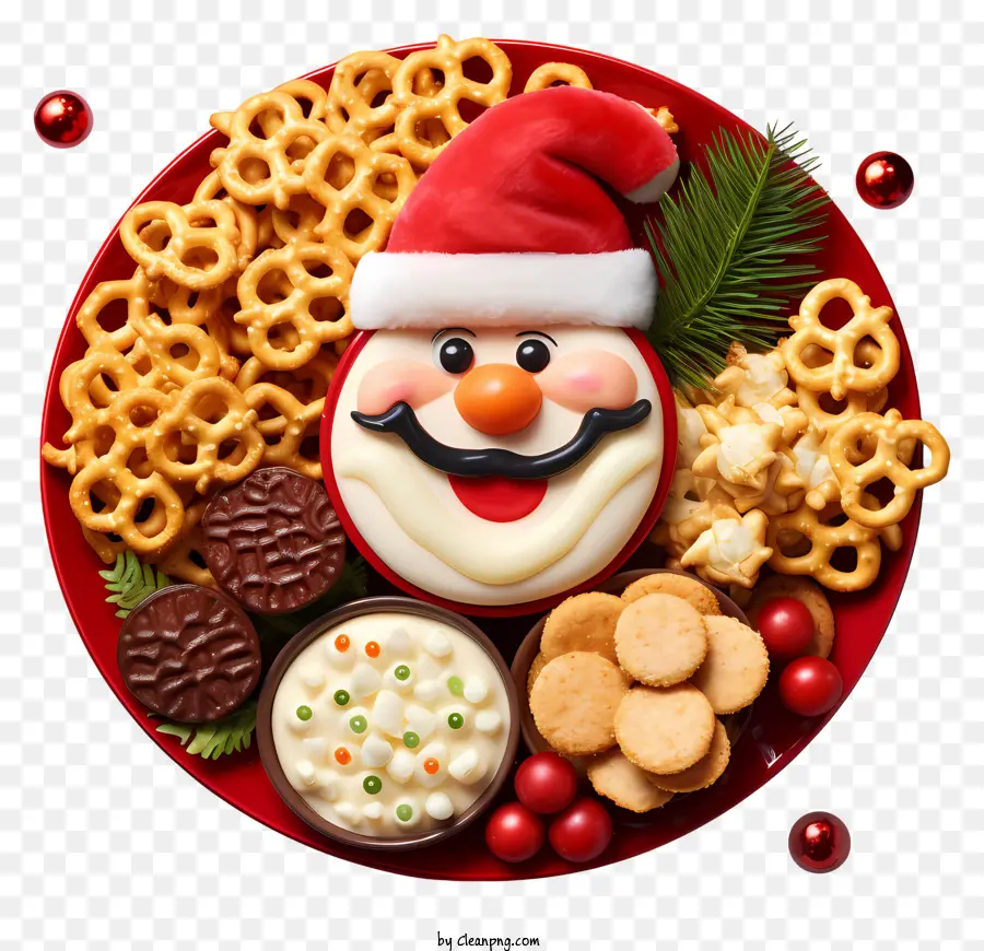 santa claus mũ - Đĩa với các loại hạt, bánh quy giòn, kẹo và mũ ông già Noel