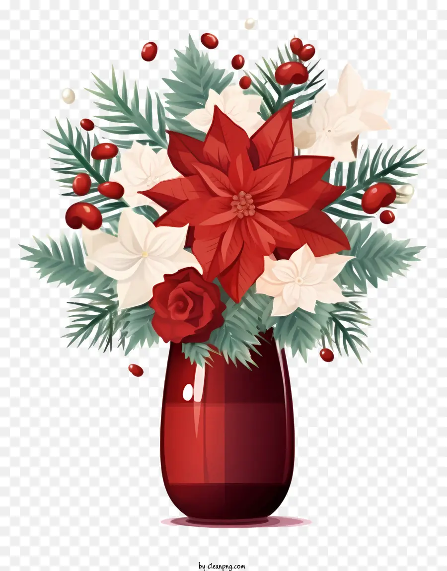red and white flowers vase pine cones evergreen poinsettias