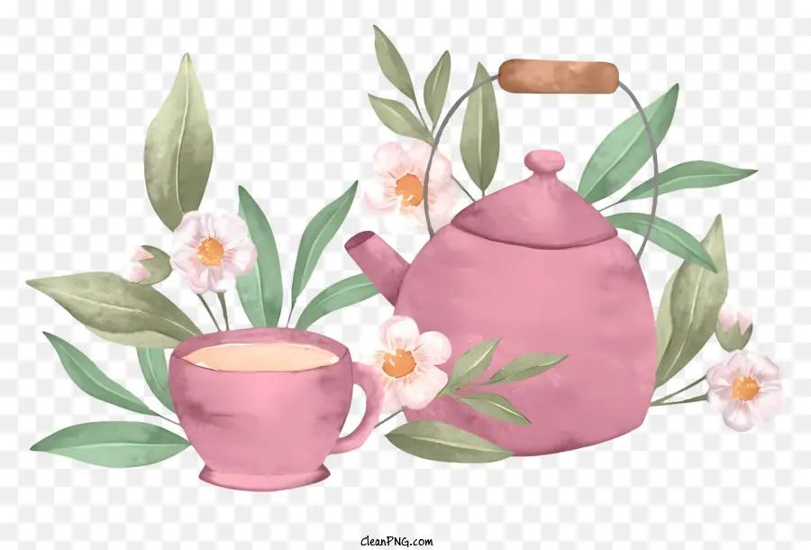 rosa Teekanne grüne Vase weiße Blumen friedliche Beruhigung - Friedliches Bild von rosa Teekannen und Blumen