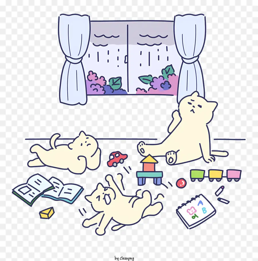 arcobaleno - Gatti che giocano, giocattoli sparsi, arcobaleno in background