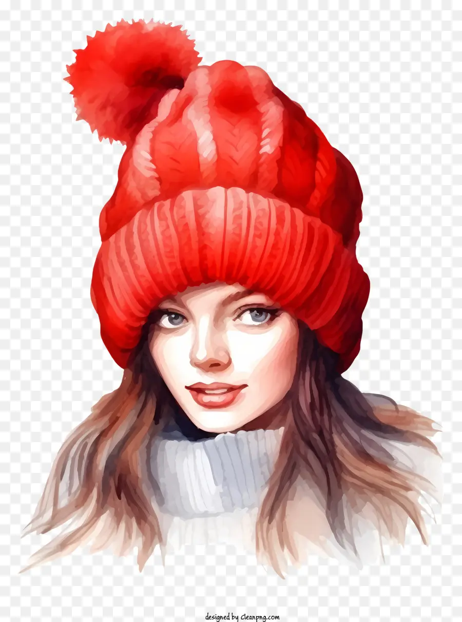 Girl Red Knit Hat Magione rosso Occhi sorridenti - Ragazza che indossa cappello rosso e maglione, sorridente