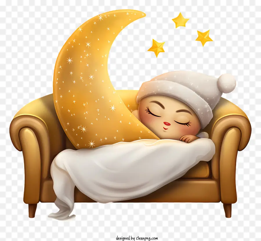 Kinderschlafende Couch weiße Decke gelbe Mondobjekt geschlossene Augen geschlossene Augen - Schlafendes Kind auf Couch mit Mond und Sternen