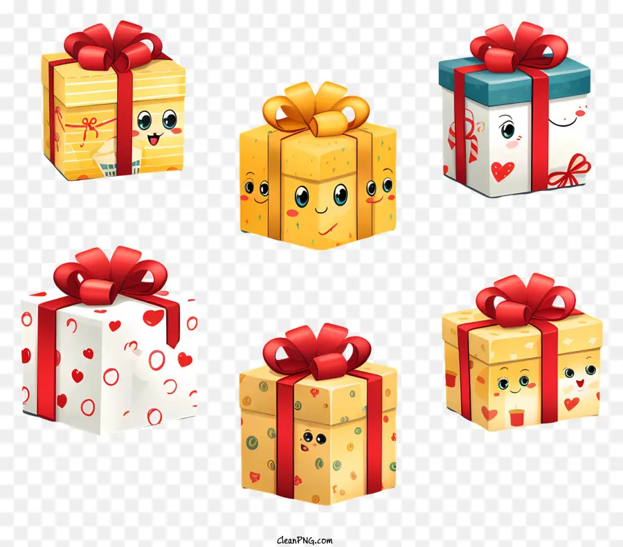 Weihnachtsgeschenke - Geschenkboxen mit lächelnden Santa -Gesichtern und Bändern