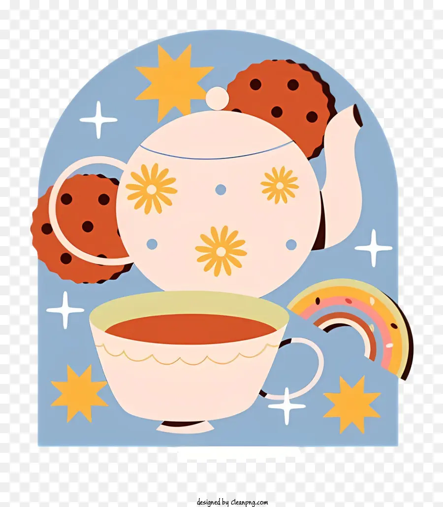 cầu vồng - Ấm trà với đĩa, được bao quanh bởi bánh quy và cầu vồng