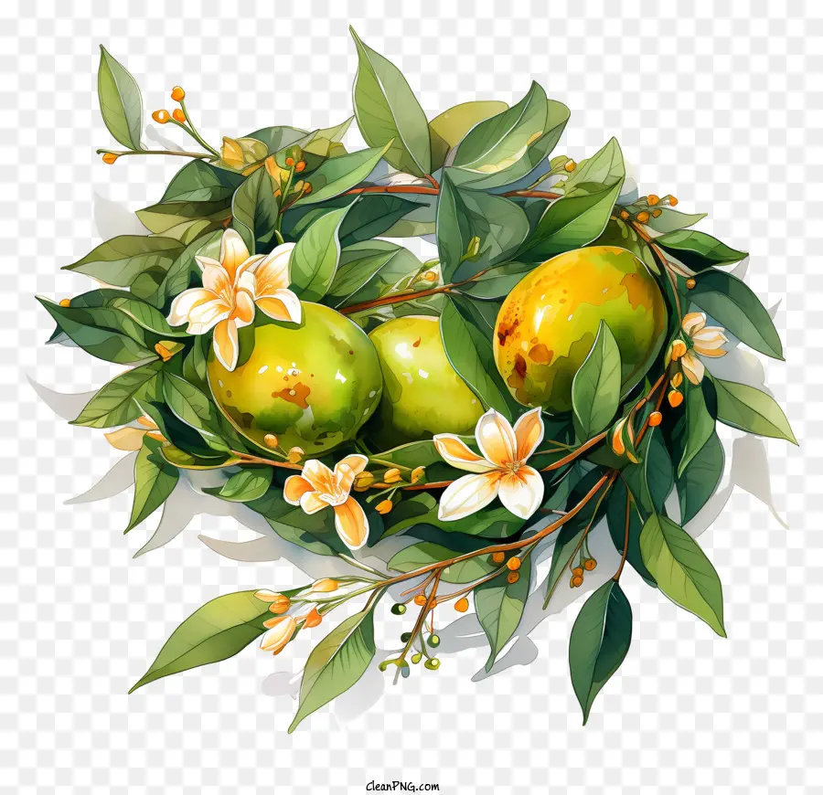 Blumenarrangement lebendige Farben grüne Mangos Blätter und Blumen gelb und weiße Blumen - Farbenfrohe Blumenarrangement mit detaillierten grünen Mangos