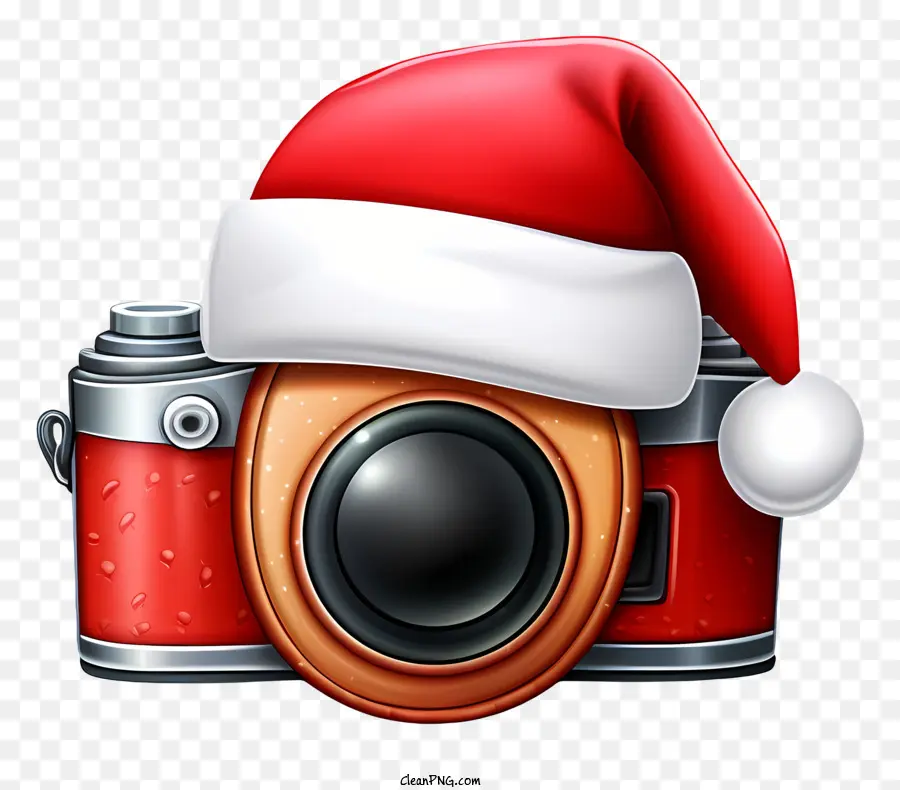 Máy ảnh màu đen của ông già Noel với ống kính camera camera camera camera có kính ngắm camera flash màu đỏ - Camera có mũ ông già Noel, thân màu đen, điểm nhấn màu đỏ