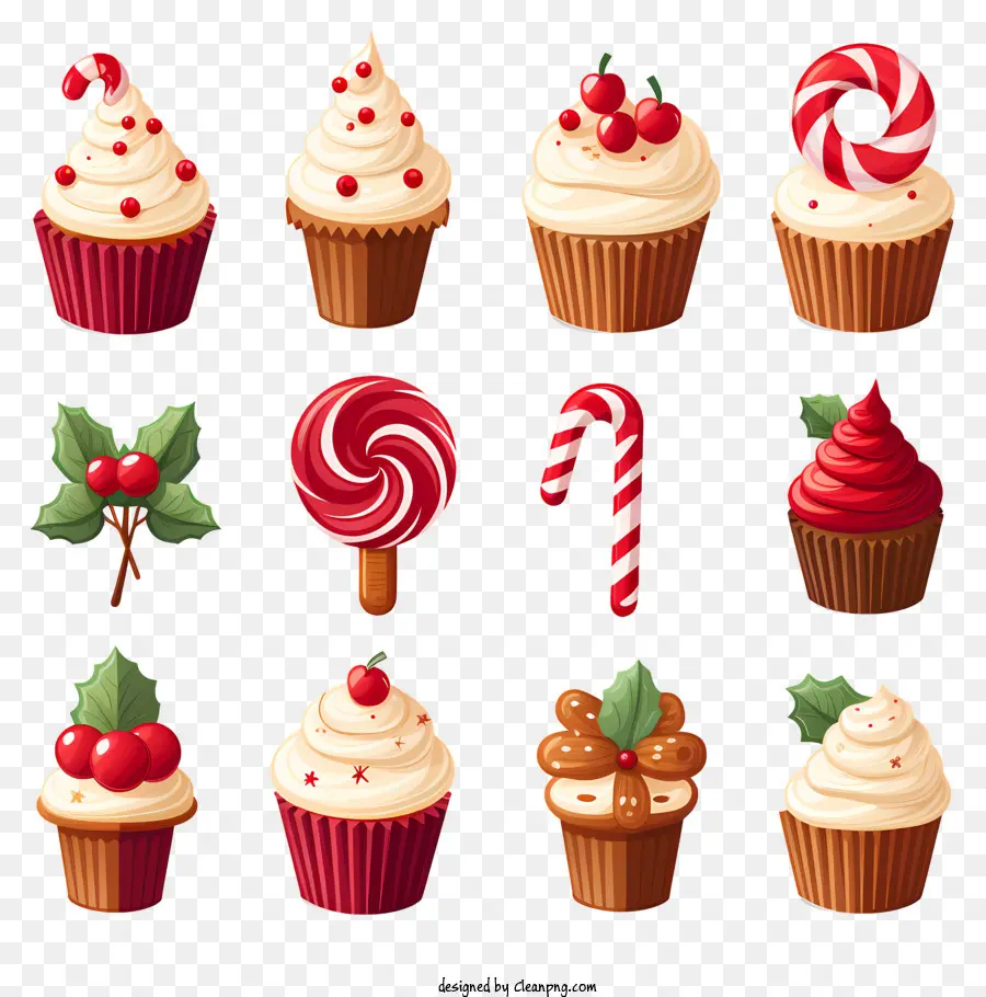Streusel - Bunte Cartoon Cupcakes in verschiedenen Geschmacksrichtungen und Dekorationen