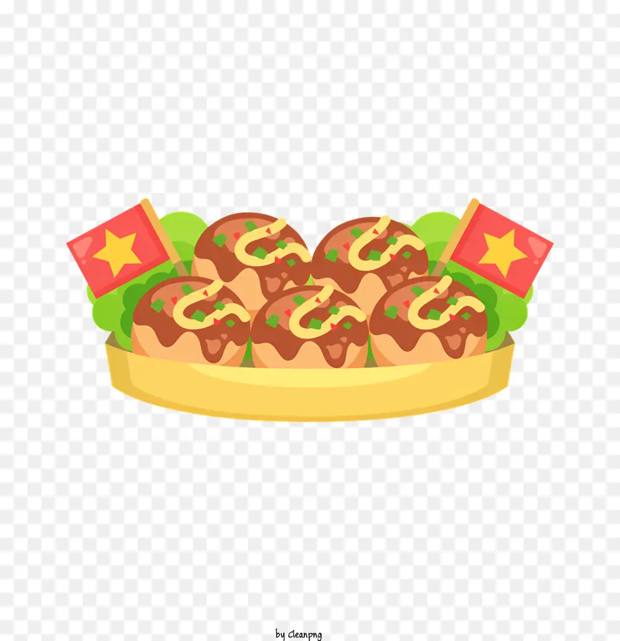 gebratenes Huhn - Tablett mit Pizza, Hühnchen, Pommes; 
Flaggen; 
schwarzer Hintergrund