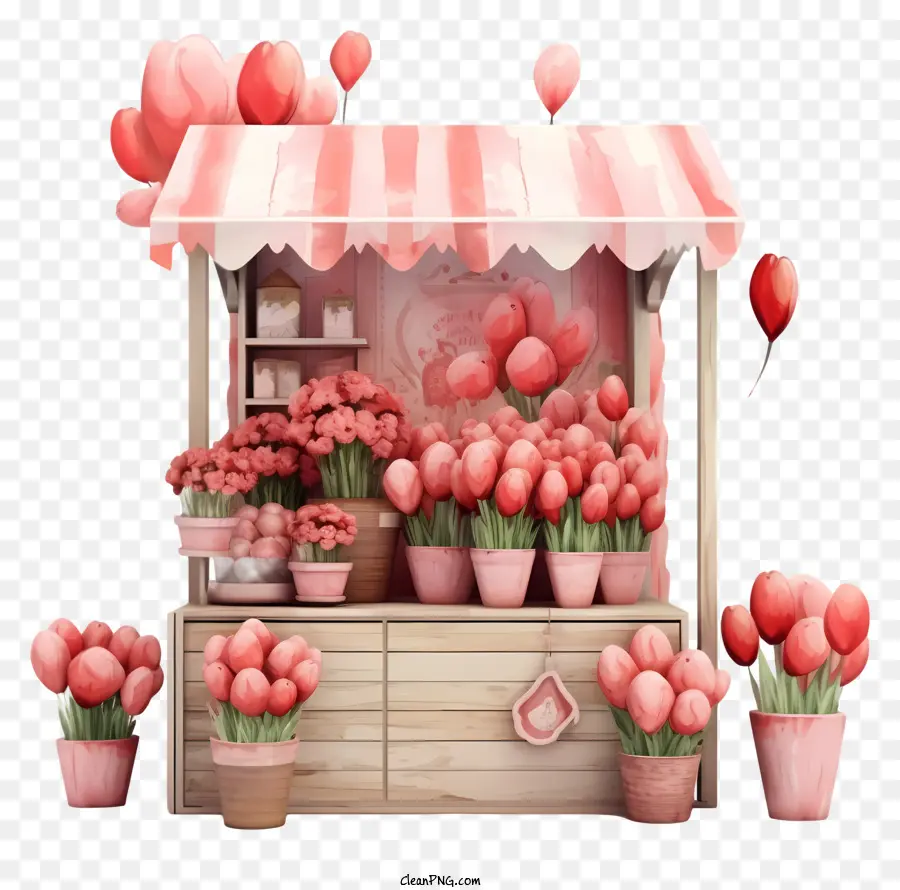 hoa đứng - Tulips màu hồng, bóng bay, ô màu đỏ trên giá đỡ hoa