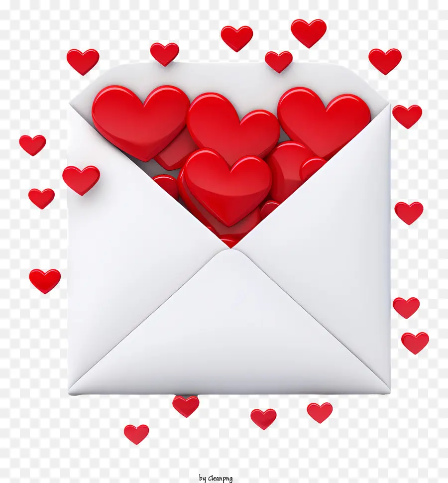 Valentinstag - Rote Herzen fallen aus geschlossenem Umschlag, schwarzer Hintergrund