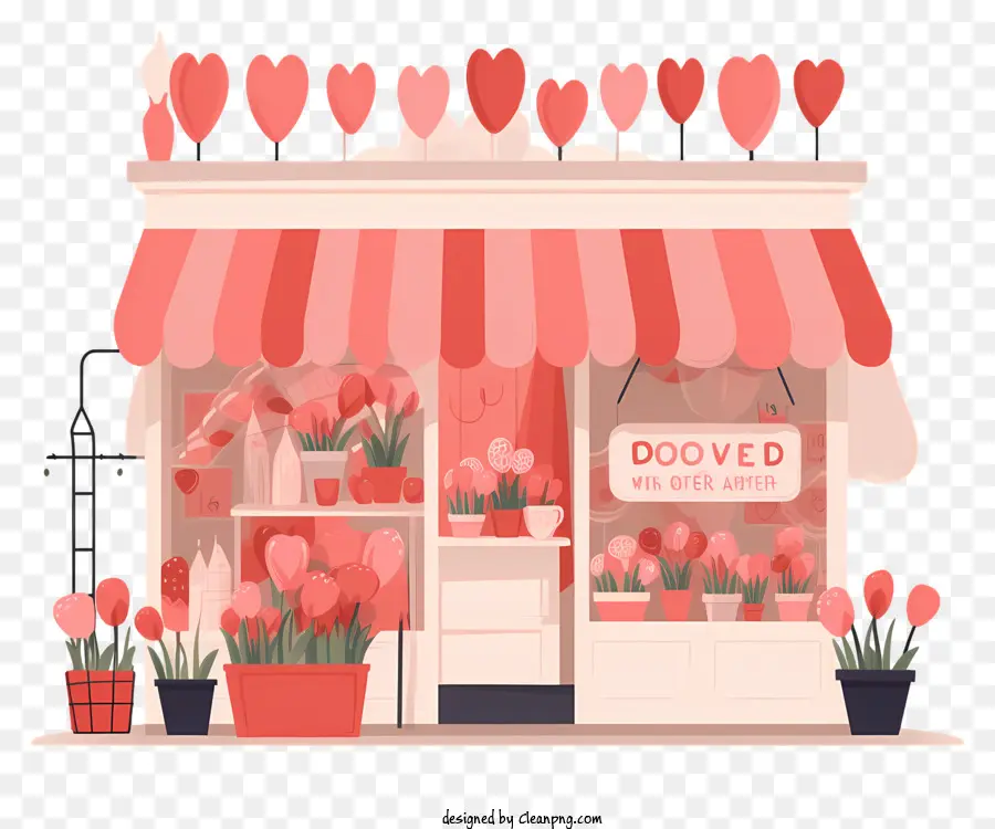 Minimalized Flat Vector Minh họa Valentine Ngày lãng mạn Cửa hàng nhỏ Cửa sổ lớn Trái tim Đỏ - Cửa hàng đầy màu sắc với trái tim, chim bồ câu và hoa